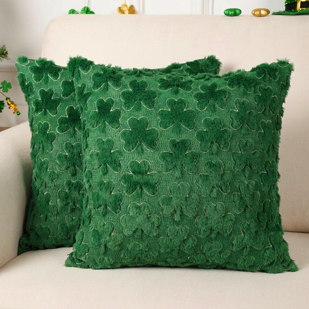 St Patricks Day Pillow Covers 18 x 18 inch Set of 2 3D Embroidered Shamrock Pillow Soft Plush Faux Fur St Patricks Day Decorations for SOFE Bedding Holiday